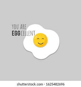 Egg pun greeting card with emoji egg character and saying you are eggcellent. Modern minimalist illustration in flat cartoon style