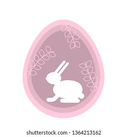 Egg with rabbit, bunny, hare and pattern inside, pink. Isolated on a white background, template for printing, design. Vector.