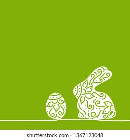 Egg and rabbit . Flowers and leaves. Continuous line drawing. Hand drawn vector illustration
