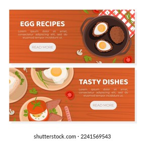 Egg recipes horizontal web banners set. Tasty culinary dishes for breakfast landing page, website cartoon vector