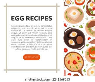 Egg recipes landing page template with space for text. Tasty culinary recipes for breakfast or dinner web banner cartoon vector