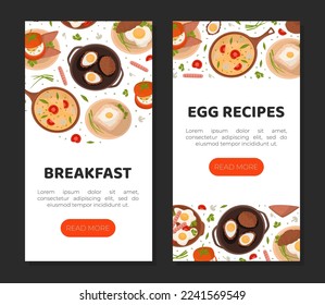Egg recipes mobile app templates set. Tasty culinary recipes for breakfast landing page, web banner cartoon vector