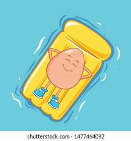 Egg Relaxing With a Pool Float  in Hot Summer Cartoon Character Style. Vector Illustration. 