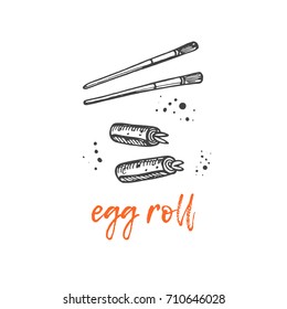 Egg roll concept design. Asian food. Chinese cuisine. Hand drawn vector illustration. Can be used for street festival, farmers market, menu, cafe, restaurant, poster, banner, logo, sticker.