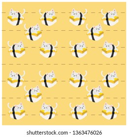 Egg roll sushi cat pattern, cute white cat cartoon seamless background with Egg roll sushi, Vector illustration