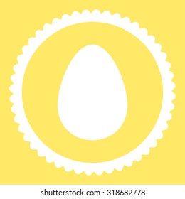 Egg round stamp icon. This flat vector symbol is drawn with white color on a yellow background.