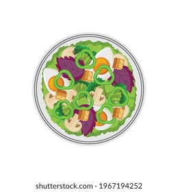 Egg salad with vegetables and croutons - cartoon bowl with healthy green meal from top view isolated on white background. Vector illustration of vegetarian dish.