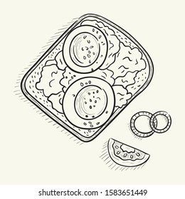 An egg sandwich, as well as onions and a slice of tomato. Black and white sketch vector illustration.
