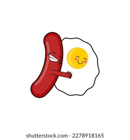 Egg and sausage love cartoon isolated. Fried egg and bacon. breakfast concept