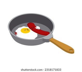 Egg and sausage love cartoon isolated. Fried egg and bacon. breakfast concept