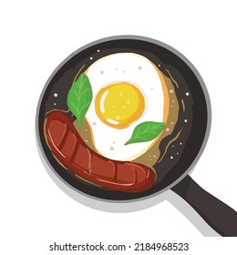 Huevo y salchicha en la sartén. Deliciosa cocina saludable ilustración vectorial de comida usada para marca, pegatina, logo y mascota.