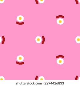 Ei und Wurst Pixelkunst Muster nahtlos. 8 bit Fried egg and bacon hintergrund. pixeliges Frühstückskonzept