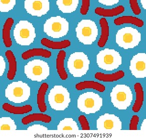 Egg and sausage pixel art pattern seamless. 8 bit Fried egg and bacon background. pixelated breakfast concept texture