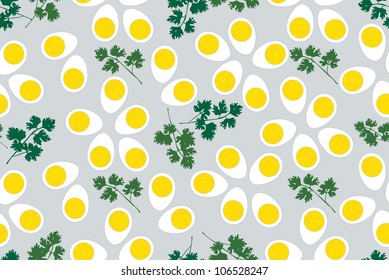 egg seamless pattern. eggs and parsley leaves background.