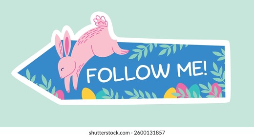 Egg search direction indicator with a cute jumping rabbit for Easter Egg Hunt. Vector illustration template for Easter holiday celebration