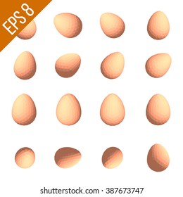 Egg set. Eggs turn. Egg polygonal. Low polygonal backdrop. Eggs with triangle texture. Chicken eggs. Gift wrap with eggs.Polygonal eggs. Vector illustration. Triangular illustration.
