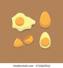 Egg set, fried egg, boiled egg On a brown background