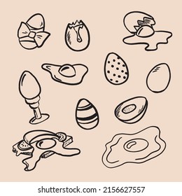 Egg set. Fried eggs, eggs, shell, poached egg, fried eggs,  easter, egg pattern, cooking ingredients. Ideal for packaging design, for printing, postcards, website.Vector illustration in modern flat st