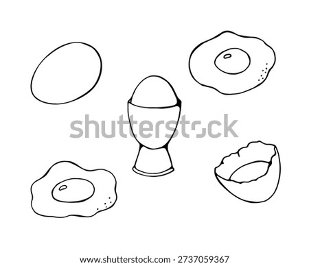 Egg set illustration hand drawn raw boiled and fried eggs in simple doodle style black line art isolated on white background for food kitchen design