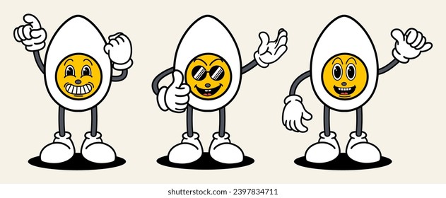 Egg set mascot of 70s groovy. Collection of cartoon,retro, groovy characters. Vector illustration.