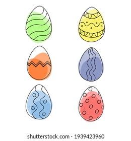 Egg set on abstract spots. Decorative happy holidays eggs. Hand drawn. Stock Vector