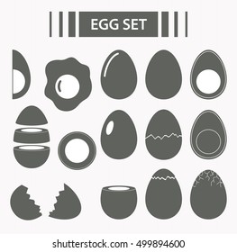Egg set. Raw, Crack, Sliced, Broken, Fried, Boiled Eggs with yolks. Eggshell. Diet product with protein.