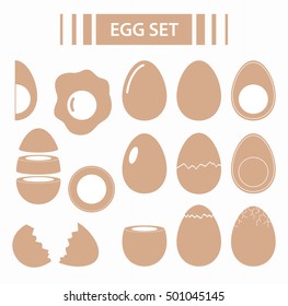Egg set. Raw, Crack, Sliced, Broken, Fried, Boiled Eggs with yolks. Eggshell. Diet product with protein.