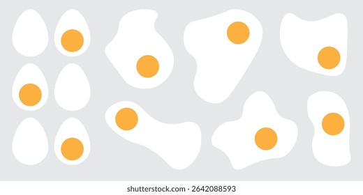 Egg set. Sunnyside up, cut in half, hard boiled. Cracked egg with yolk. Vector illustration, EPS 10. 