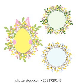 Egg shape with blossom twigs, hided bunny and circle frames with spring twigs. Lettering template