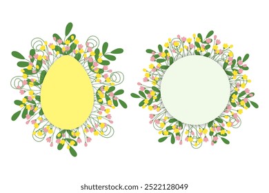 Egg shape and circle decorative frame with blossom twigs and leaves in trendy spring hues Copy space