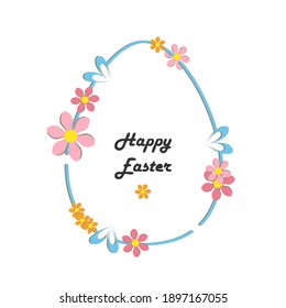 Egg shape, floral frame. Spring time, Easter holiday concept. Blue line border, hearts, pink flowers. White background. Vector illustration. Text space