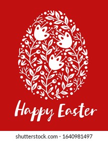 Egg shape with folk flowers and leaves on the red background. Holiday Happy Easter in scandinavian style. Vector illustration with lettering. 
