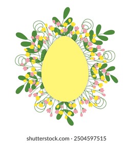 Egg shape frame with decorative blossom twigs and leaves. Easter greeting design template Isolated 