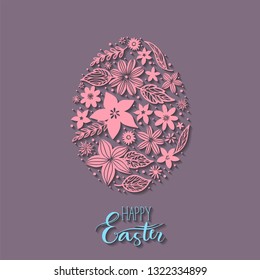 Egg shape with spring flowers. Decoration for Holiday Happy Easter.  Typographic greeting card. 