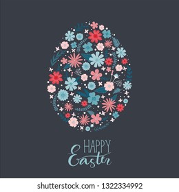 Egg shape with spring flowers. Decoration for Holiday Happy Easter.  Typographic greeting card. 