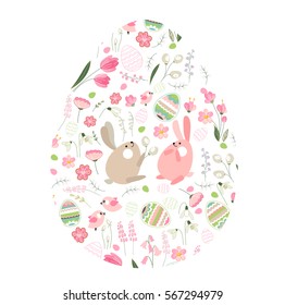 Egg shape with spring flowers, eggs and  rabbits. Holiday Happy Easter. Objects isolated on white background