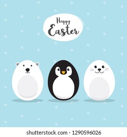 Egg Shaped animals Character Set for Easter day, Easter eggs paint. A Cute Polar Bear, Penguin, Baby Seal Pup character on sky blue background Flat design vector illustration.
