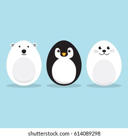 Egg Shaped arctic animals Character Set for Easter day,A Cute Polar Bear, Penguin, Baby Seal Pup  eggs paint character on sky blue background Flat design vector illustration.