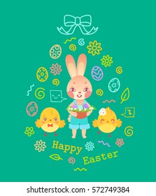 Egg shaped easter greeting card with bunny boy holding basket and chicks. Vector children's illustration for print, party decoration, label etc