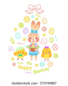 Egg shaped easter greeting card with bunny girl holding basket and chicks. Vector illustration for kids on white background for print, party decoration, label etc