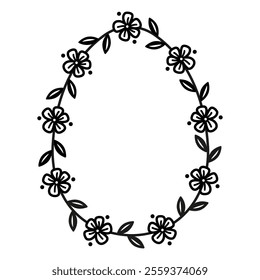 Egg shaped frame with flowers ans leaves for Easter holiday. Floral element for greeting cards, invitations, banners. Vector design