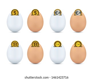 Egg shaped piggy bank icons with currencies. Financial vector icons.