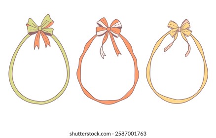 Egg shaped ribbon frames set with coquette bows. Easter Holiday borders. Vintage elements for greeting cards, invitations, social media. Whimsical cute design for Happy Easter. Contour vector