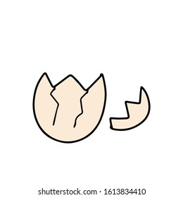 Egg shell isolated on white background. Easter illustration in cartoon style. Broken easter egg icon. Doodle hand drawn art. Sticker.