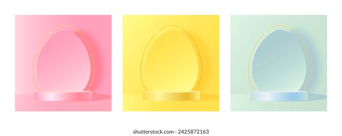 Egg silhouette with gold frame and podium on background. Set of three background. Vector illustration.
