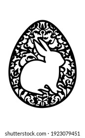 Egg silhouette with ornament and  bunny. Basis graphics for paper, wood and other material cut. Element on white background