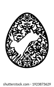 Egg silhouette with ornament and rabbit. Basis graphics for paper, wood and other material cut. Element on white