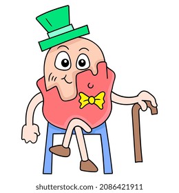 the egg is sitting elegantly carrying a cane, vector illustration art. doodle icon image kawaii.
