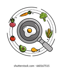 egg with skillet pan and vegetables and fruits