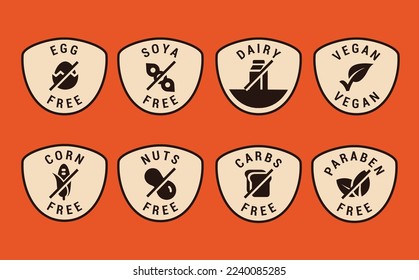 Egg, Soya, Dairy, Vegan , Corn, nuts, GMO and Allergen free icons vector illustration for labels, seals, badges, food packaging and promotional material.